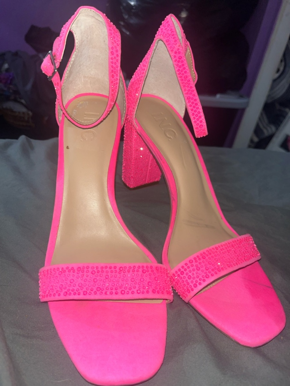 INC International Concepts Hot Pink Crystal Embellished Block Heels - Picture 6 of 6